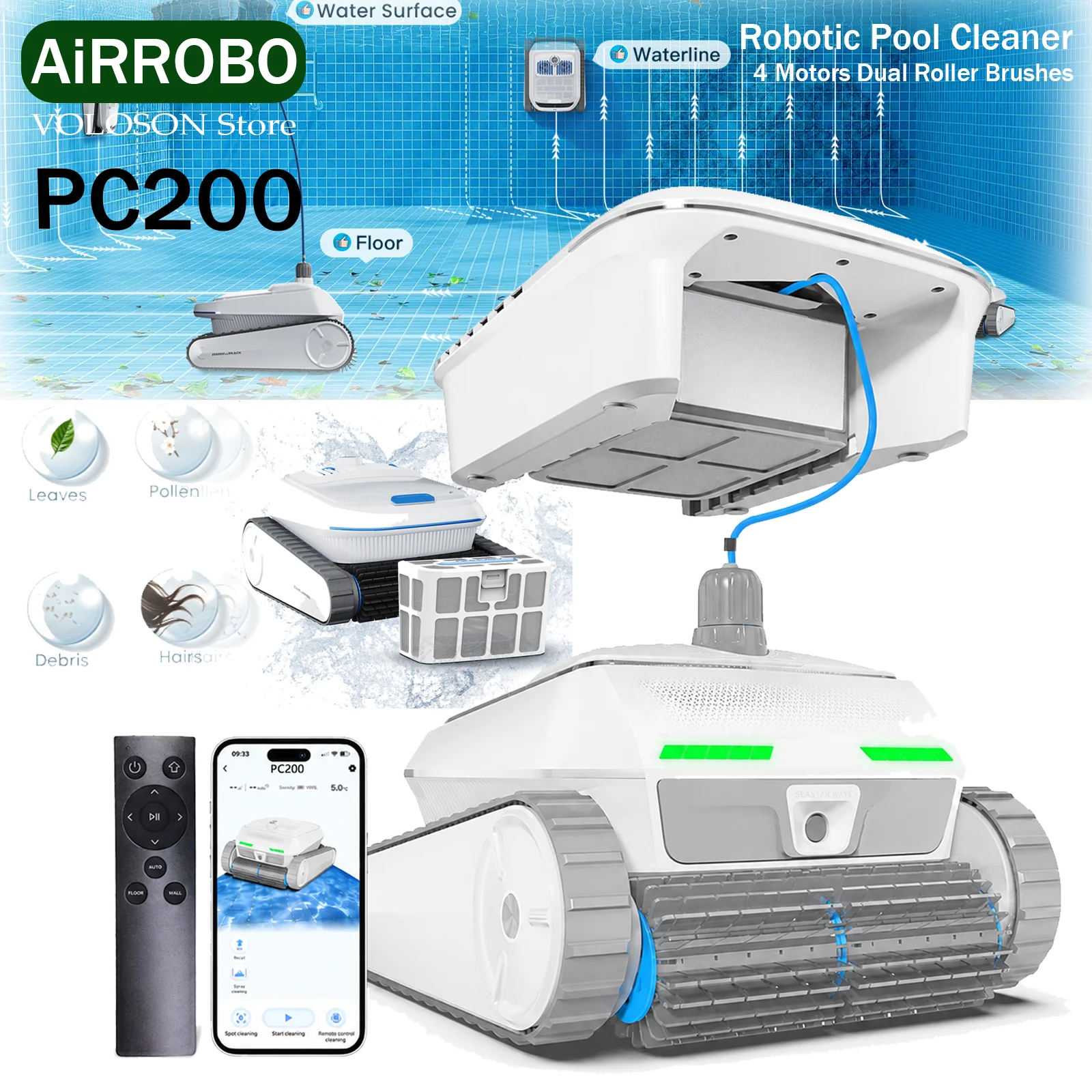Robot nettoyeur de piscine Airrobo PC200, hot 4 moteurs brosses doubles, trajet intelligent N efficacité ×10, ascension murale 90°, pilotage APP, stationnement automatique, adapté piscine hors-sol/enterrée carrée ronde carreau vinyle fibre de verre