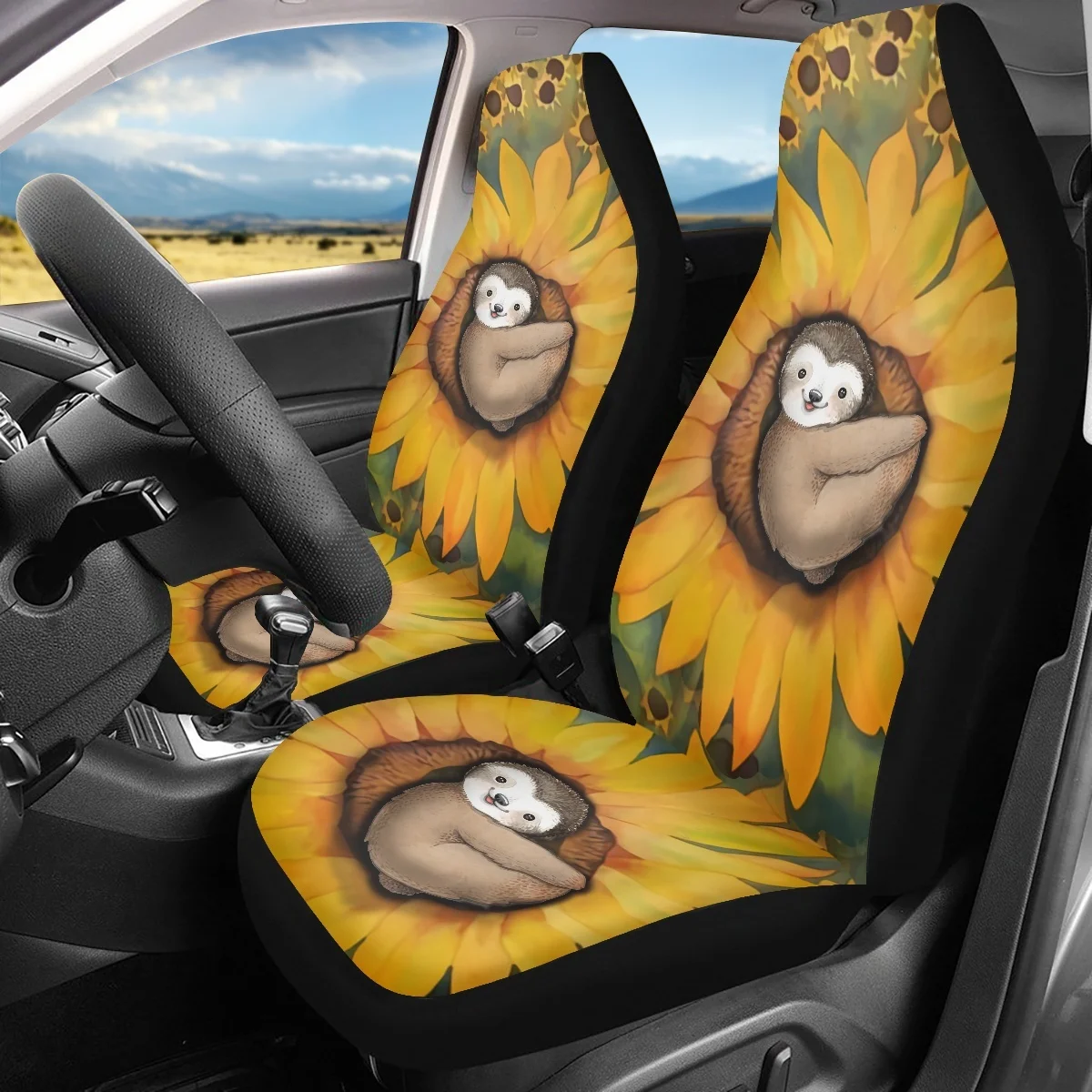 

Cute Sleeping Sloth in Sunflower Printed Durable Car Accessories Front Vehicle Seat Covers Comfortable Car Interior Seat Covers