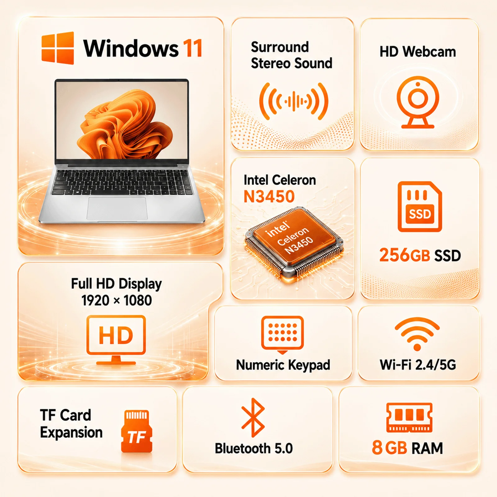 15.6 Inch Laptop Intel Celeron N3450 Quad Core,4GB/8GB RAM 128GB/256GB SSD DDR4, Full HD 1920x1080 IPS Display, Windows 11 Notebook, WiFi 5, HDMI, Webcam, Lightweight Computer for Study Office Business, France Stock Multi Language Keyboard Protective Fil