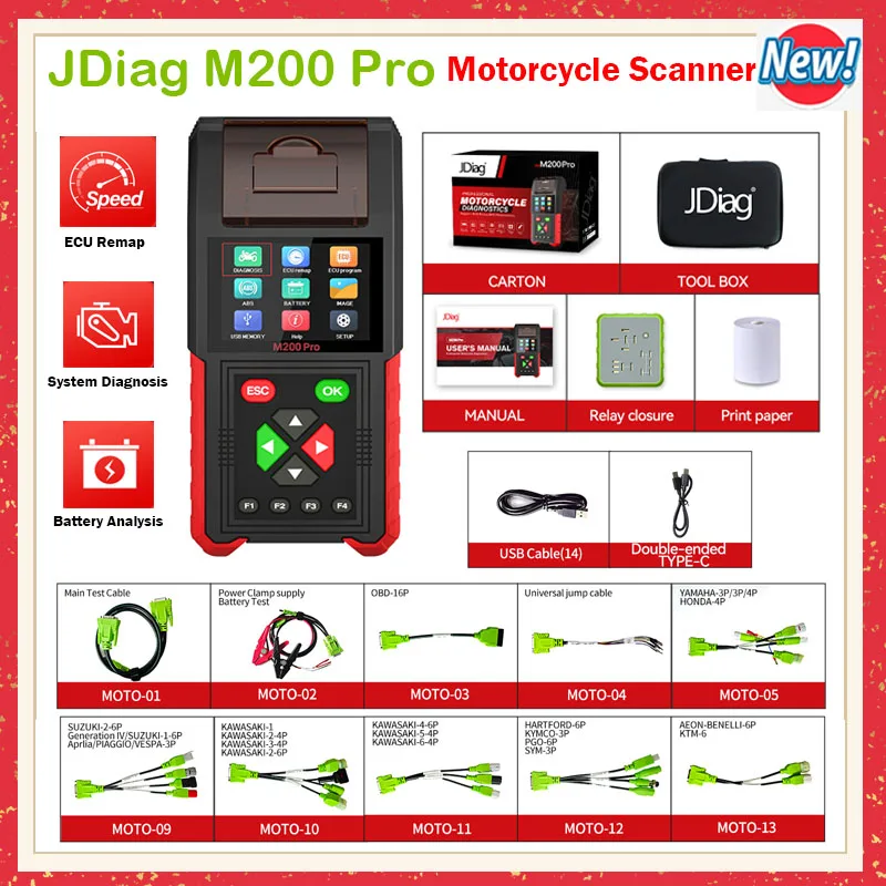 JDiag M200 Pro 진단 스캐너, 혼다 ECU 리맵 범용 오토바이 스캐너, 배터리 테스터, ABS 시스템 테스트 오류 코드