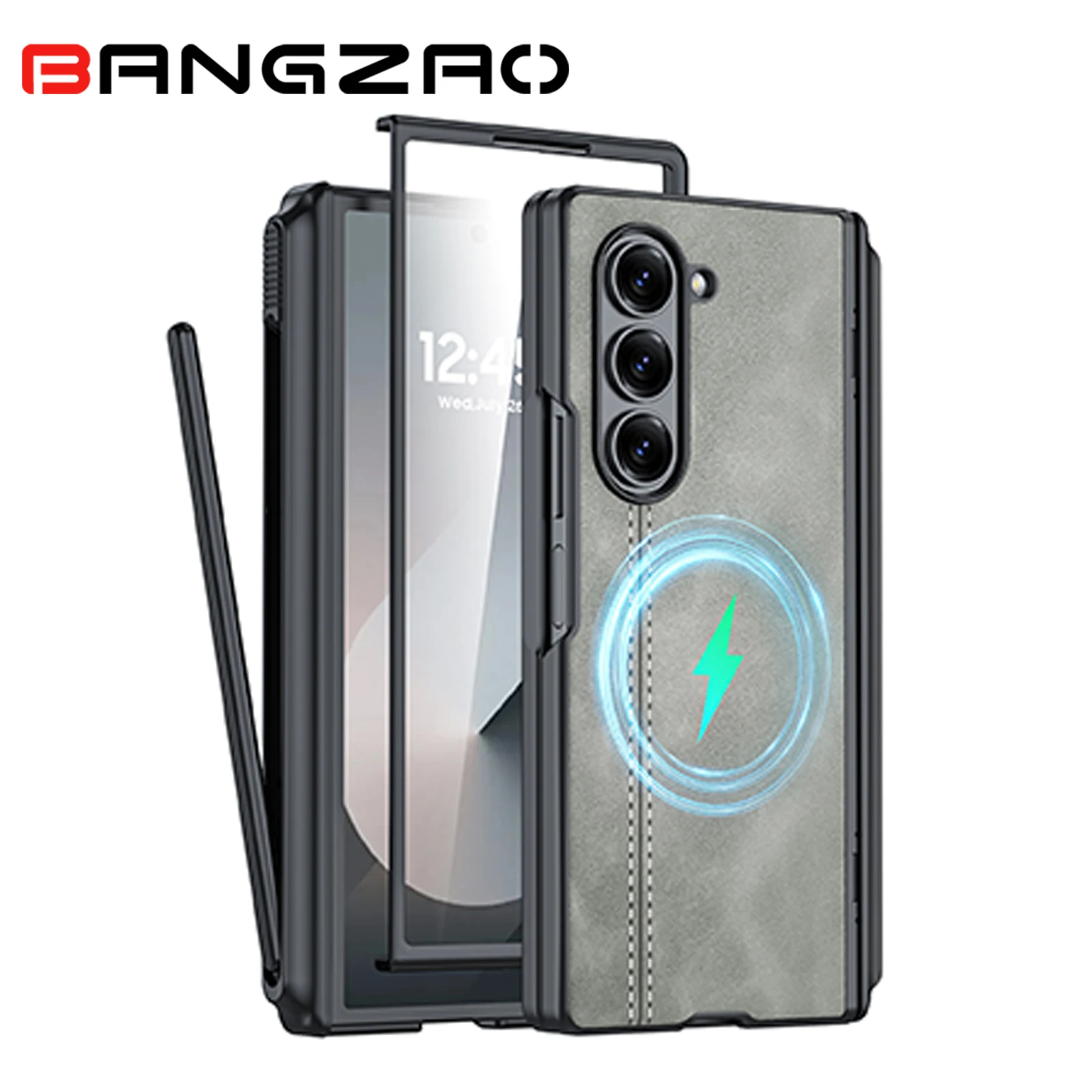Housse de protection en cuir de luxe antichoc pour Galaxy Z Fold 6 avec support pour S Pen, protection d'écran intégrée 9H et protection de la charnière - Gris