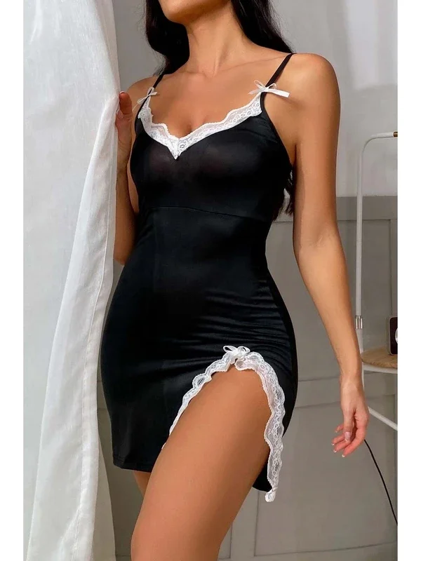 Women\'s Nightgown With Leg Slit Lace Embroidered Nightgown Babydoll Underwear Nightgown Home Elegance Nightgown Special Design N