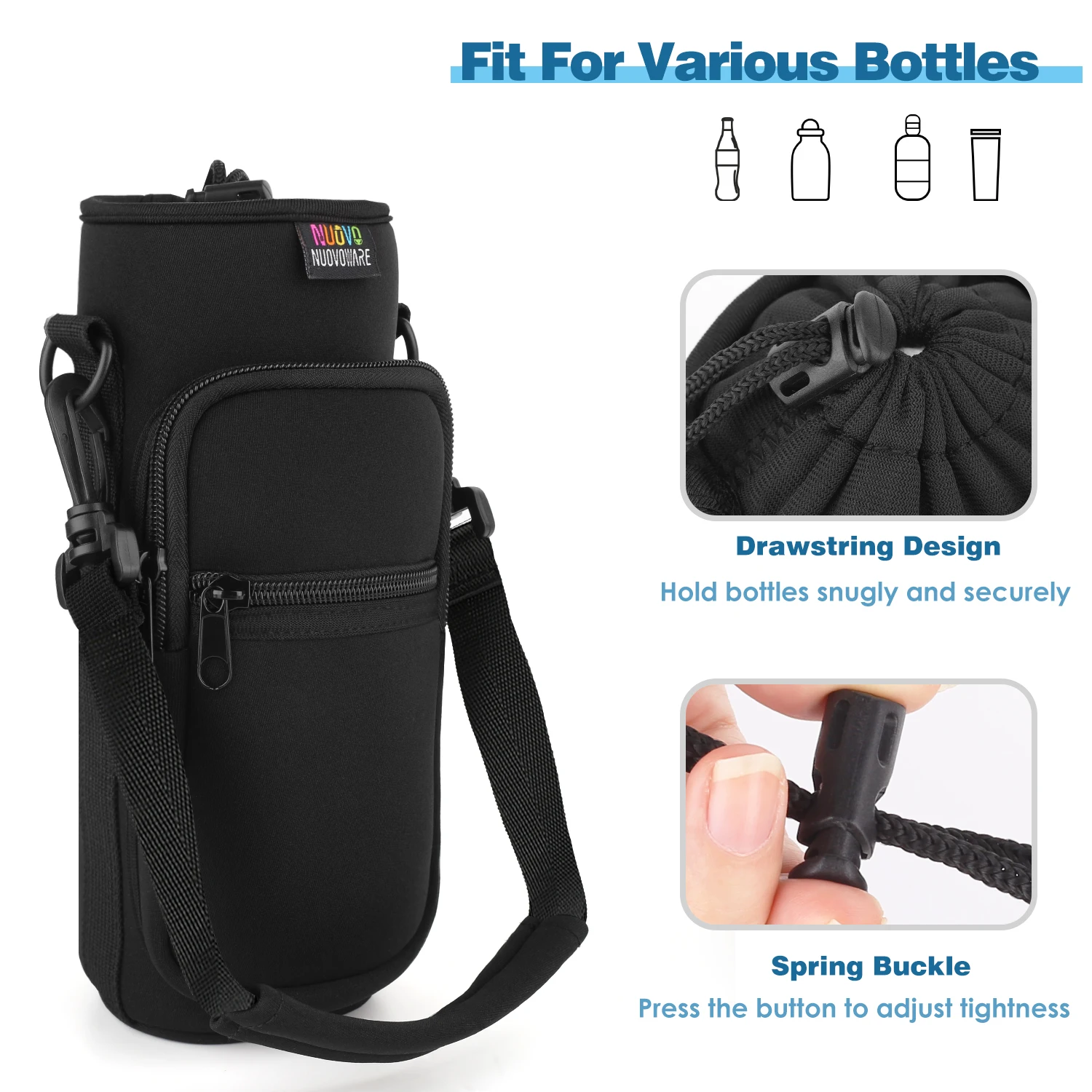 Nuovoware 25oz/32oz Water Bottle Carrier Bag,Adjustable Shoulder Hand Strap 2 Pocket Sling Water Bottle Accessories for Hiking