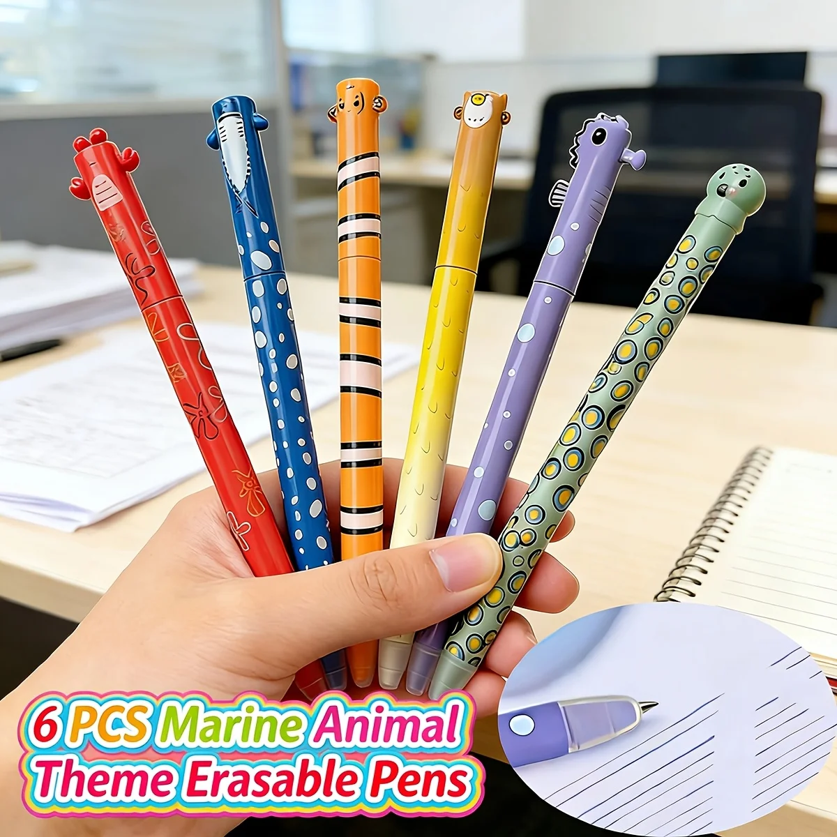 Pack of 6, Random Styles, Erasable Ballpoint Pens with Ocean Animal Theme, Twist-Out Mechanism; 0.7mm Blue Refill; Smooth and Neutral Writing, Easy to Erase Writing Errors, Suitable for Students' Exams, Practice Questions, and Note-Taking; School Supplies/Office Supplies; Perfect for Note-Taking and Writing, Ideal Office and Study Supplies; Birthday Gift, Christmas, Halloween, Valentine's Day