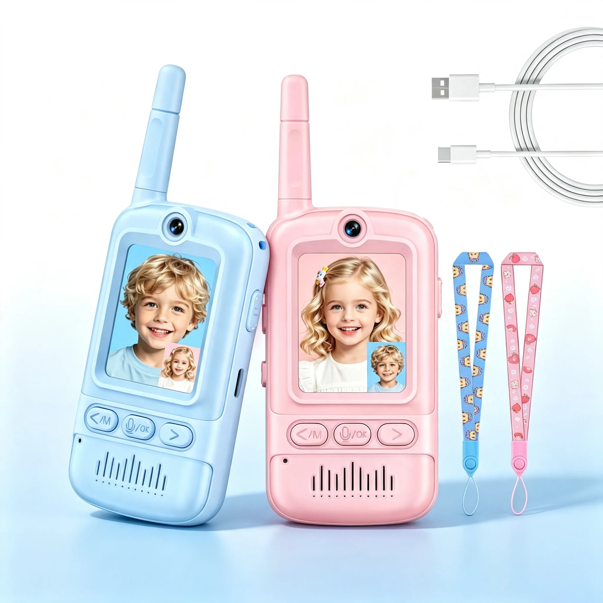Kids Two Way Radio Video Walkie Talkies 2 Pack, USB Rechargeable Children Intercom with Camera Screen, Long Range Video Calling Toy for Outdoor Parent-child Game Boys Girls