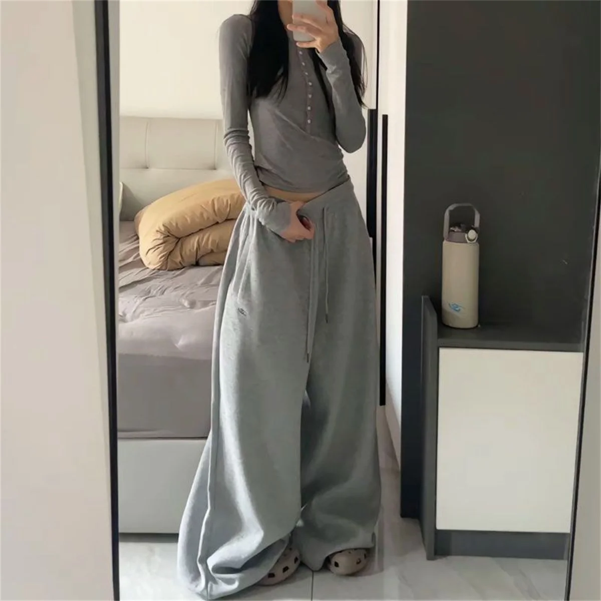 Oversize Frau Grau Schwarz Jogginghose Y2K Koreanische Streetwear Lose Beiläufige Jogger Hosen Hohe Taille Alle Spiel Kordelzug Hosen