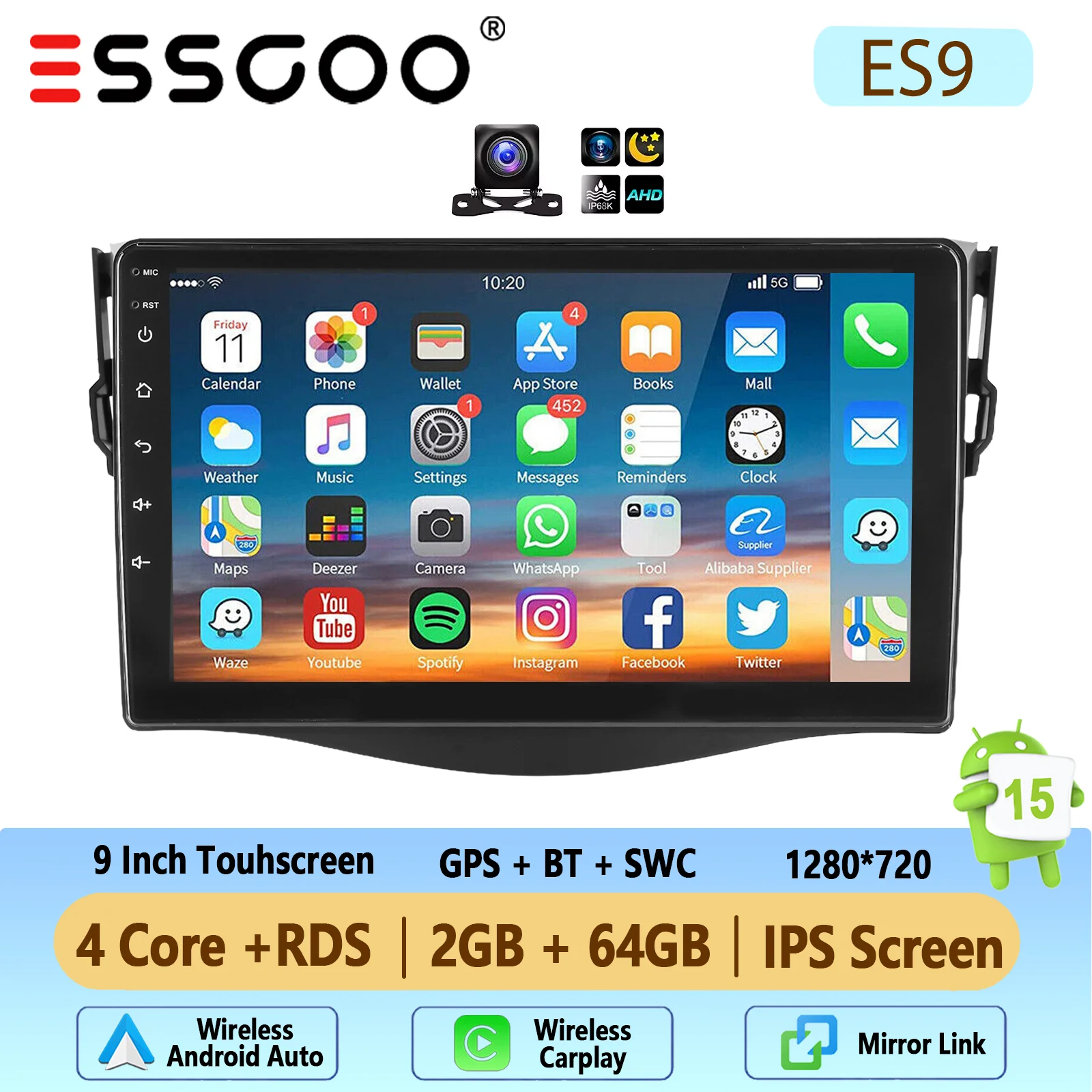 Autoradio ESSGOO Android 15 9 Inch 4+64G voor Toyota RAV4 2007-2012 Draadloze CarPlay Android Auto GPS Navigatie FM WiFi Bluetooth RDS Stuurwielbediening Mirror Link Touchscreen Hoofdeenheid