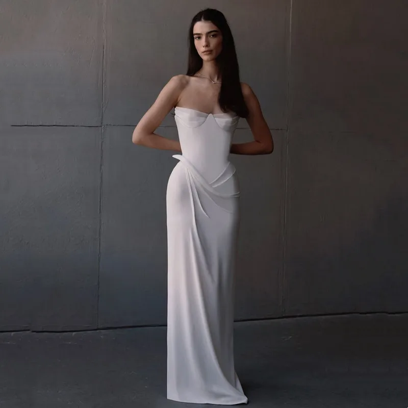 

Simple Mermaid Satin White Wedding Dresses Strapless Sleeveless Pleat Bride Dress Sexy Backless Floor-Length Customized 2026
