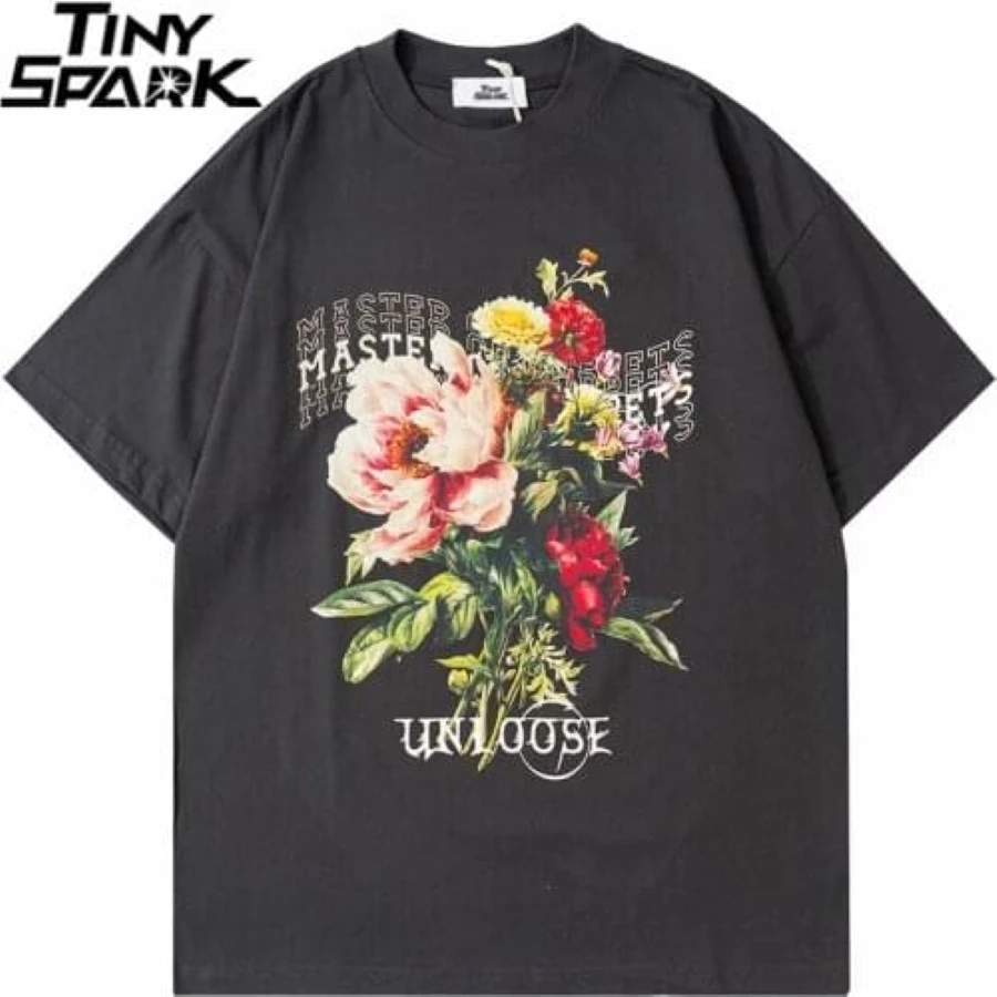 Unique Rose Printed American Short Sleeve T-Shirt Couple's Half Sleeve Tops Men's and Women's Street