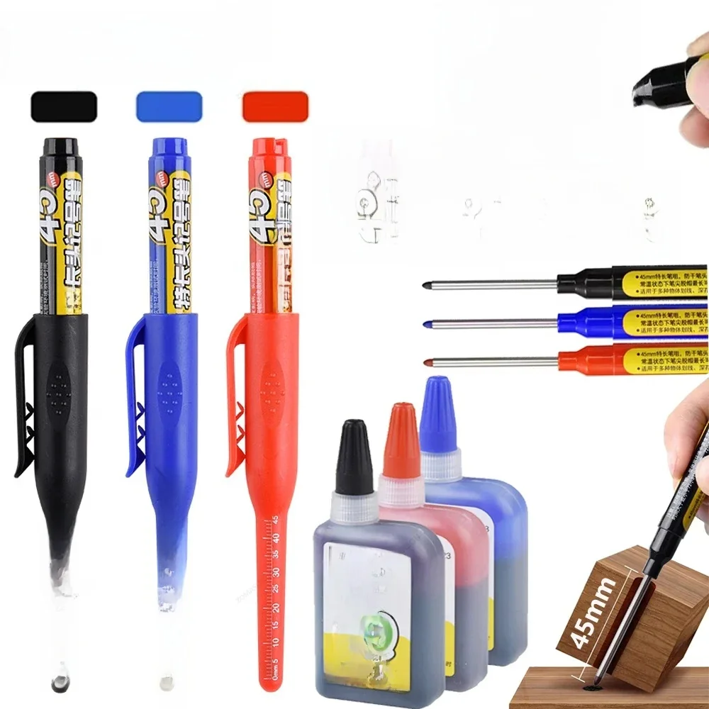 Marqueurs à tête longue étanches de 45mm, 1 à 48 pièces, marqueurs à trous profonds, stylo de charpentier pour carrelage, multi-usages pour le travail du bois, encre noire/bleue/rouge