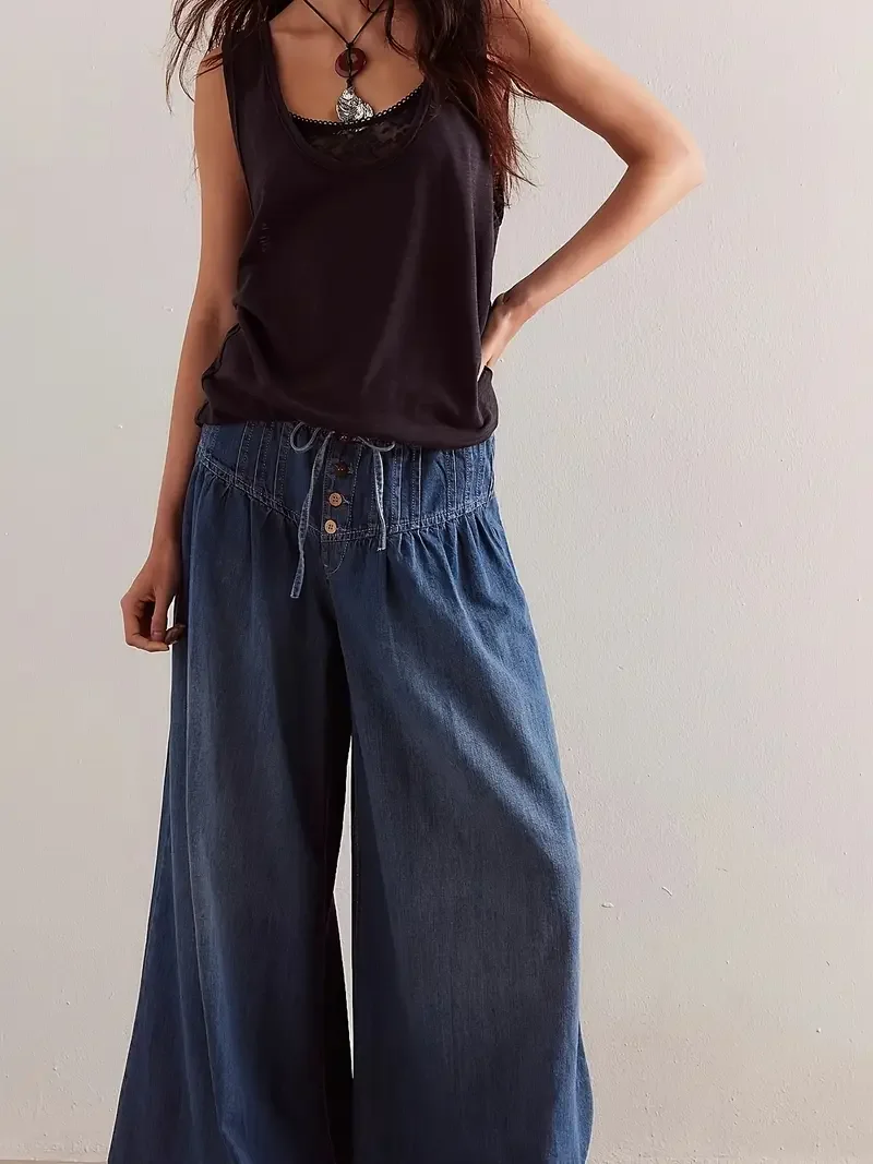 Jean plissé taille moyenne avec cordon de serrage, nouveau style, ample, jambes larges, pour femmes