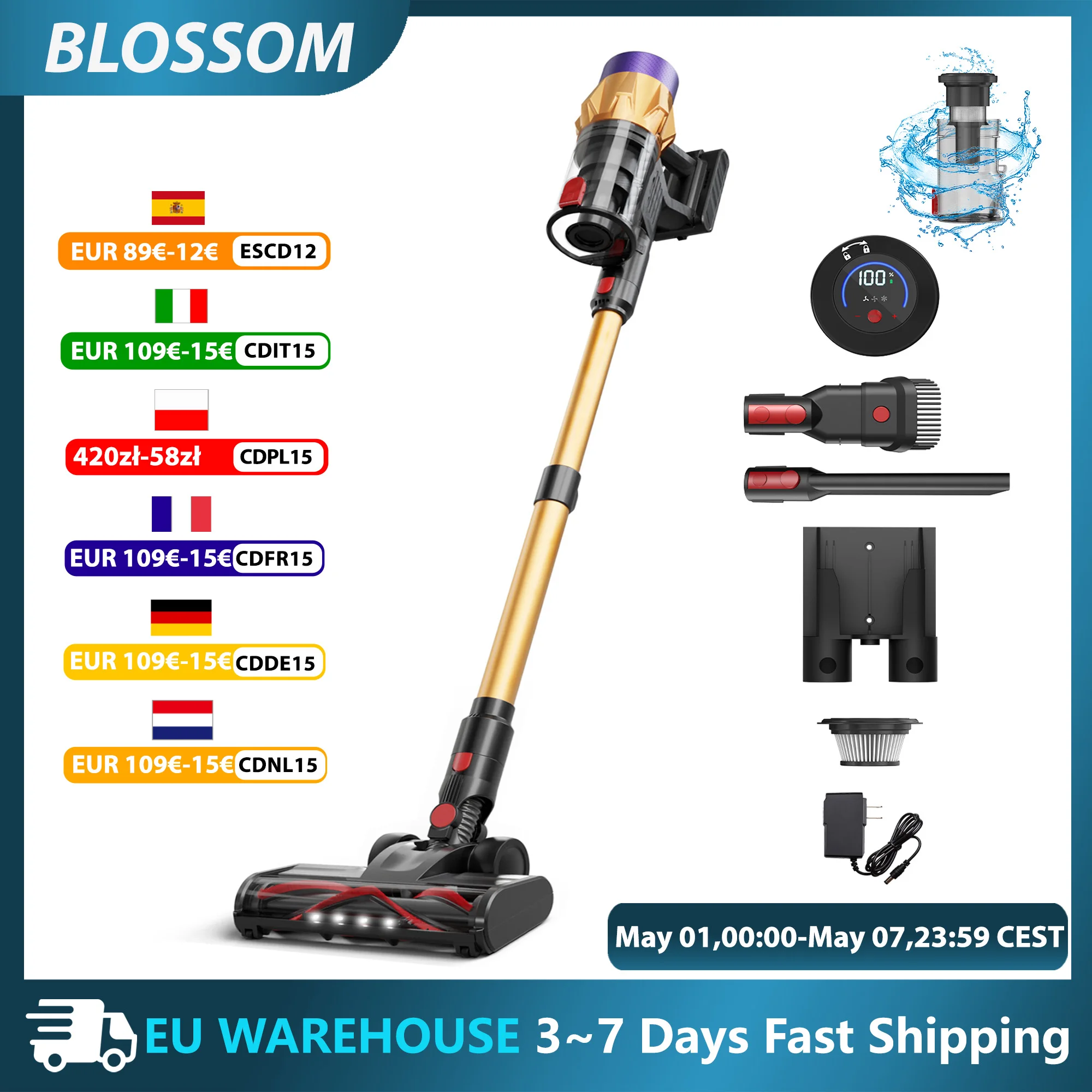 Aspirateur sans fil Blossom V18, aspirateur balai sans fil 550W 45KPA 55 minutes avec écran tactile, 6 lb très léger