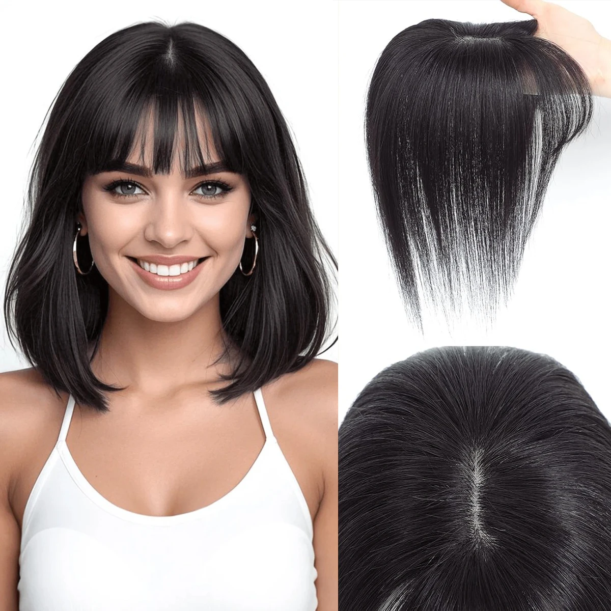 360° 3D Cover Hair Topper with  Wispy Bangs 100% Human Hair Pieces for Women Clip in Lace Base Real Human Hair Topper with Bangs