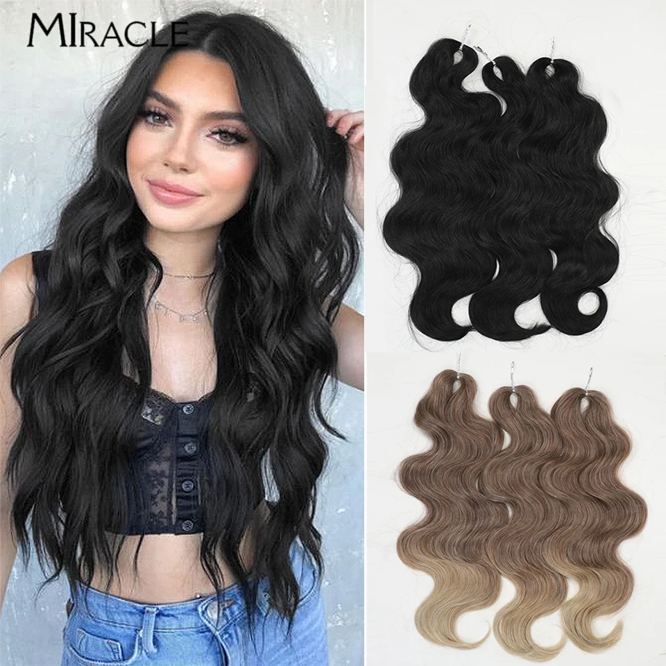 MIRACLE Body Wave ekstensi rambut kepang 24 inci, ekstensi rambut palsu sintetis bergelombang 24 inci, rambut kepang Crochet, jahe, pirang, rambut palsu