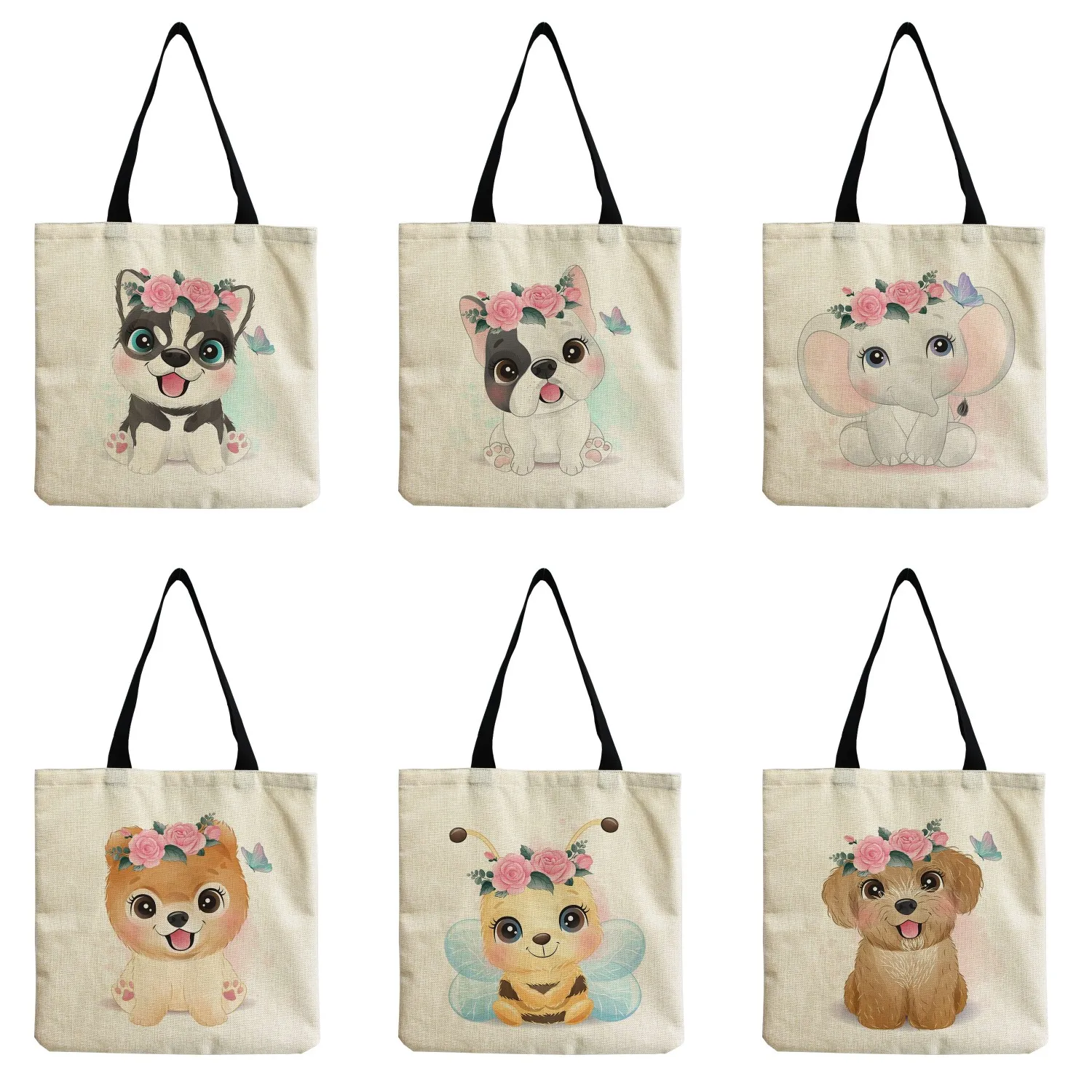 

Cute Cartoon Animal Bee Dog Elephant Print Tote Bag Outdoor High Capacity Shopper Handbags For Women Customizable Shoulder Bag