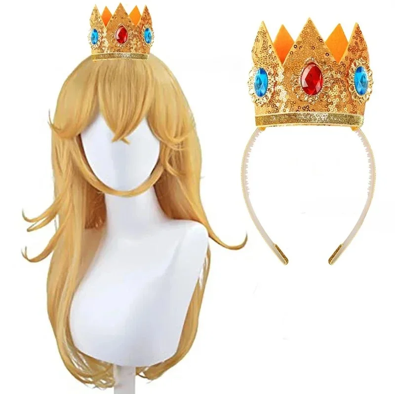 Gra brzoskwiniowa peruka Cosplay peruka księżniczki brzoskwiniowa korona Cosplay długie faliste Halloween brzoskwiniowy kostium imprezowy peruki peruka do cosplay — zdjęcie 2