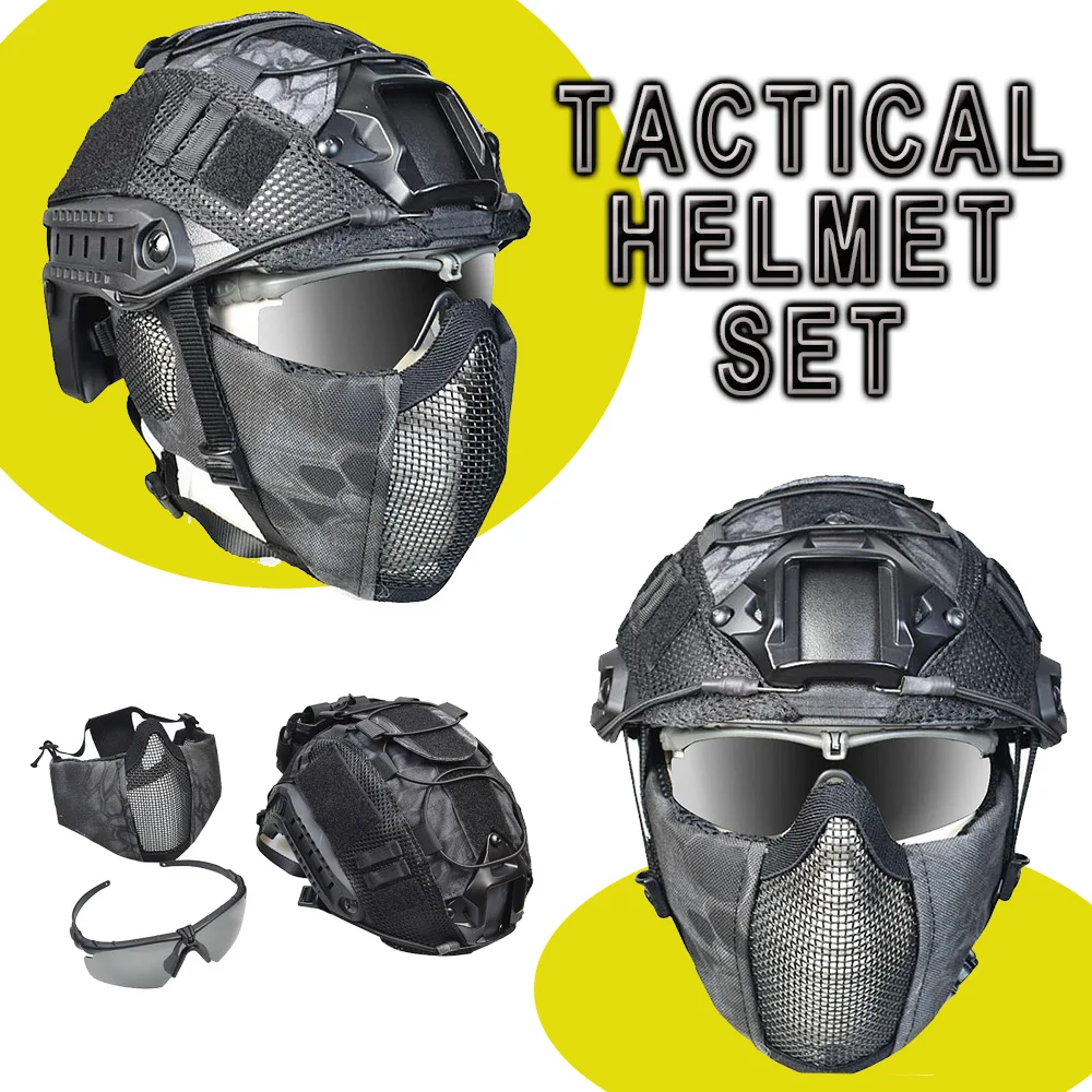 

Tactical Helmet Set Fast Protective Helmet with Foldable Half Face Mesh Mask Goggles for Hunting Paintball Shooting CS Game Set