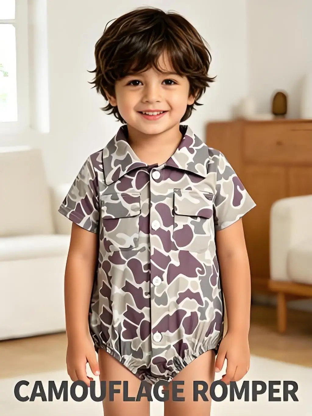 Baby Boy Camouflage Romper with Pockets Short Sleeve Button-Up Soft Cotton Outfit for Infants