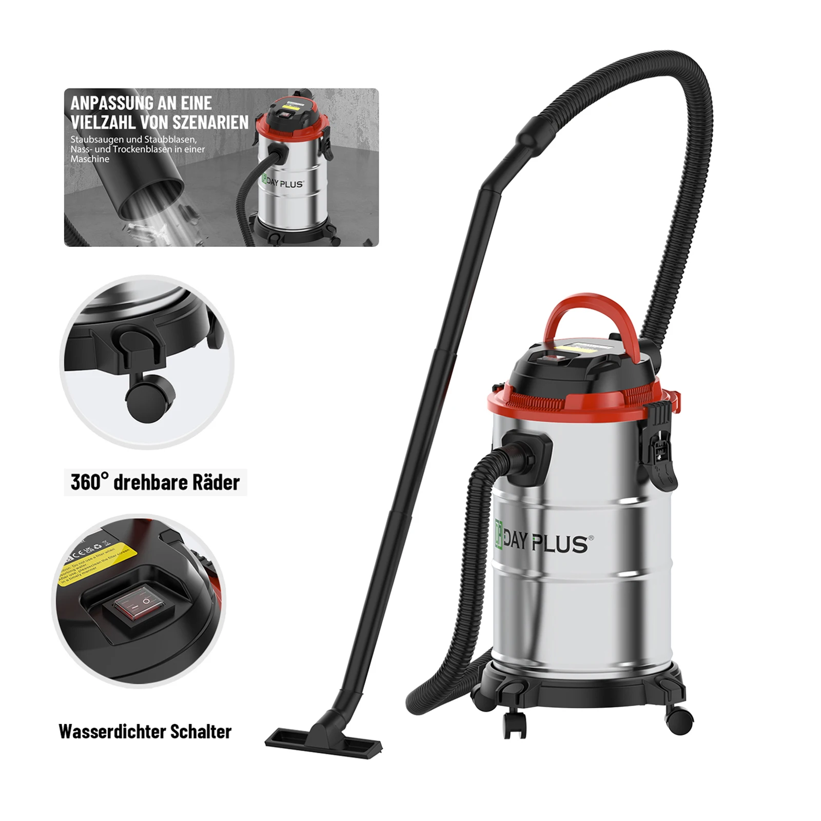3-in-1 3000W Industrial Vacuum Cleaner Wet and Dry Vacuum Cleaner 19kPa Powerful Suction &18 Litre Capacity & 4 Caster Wheels