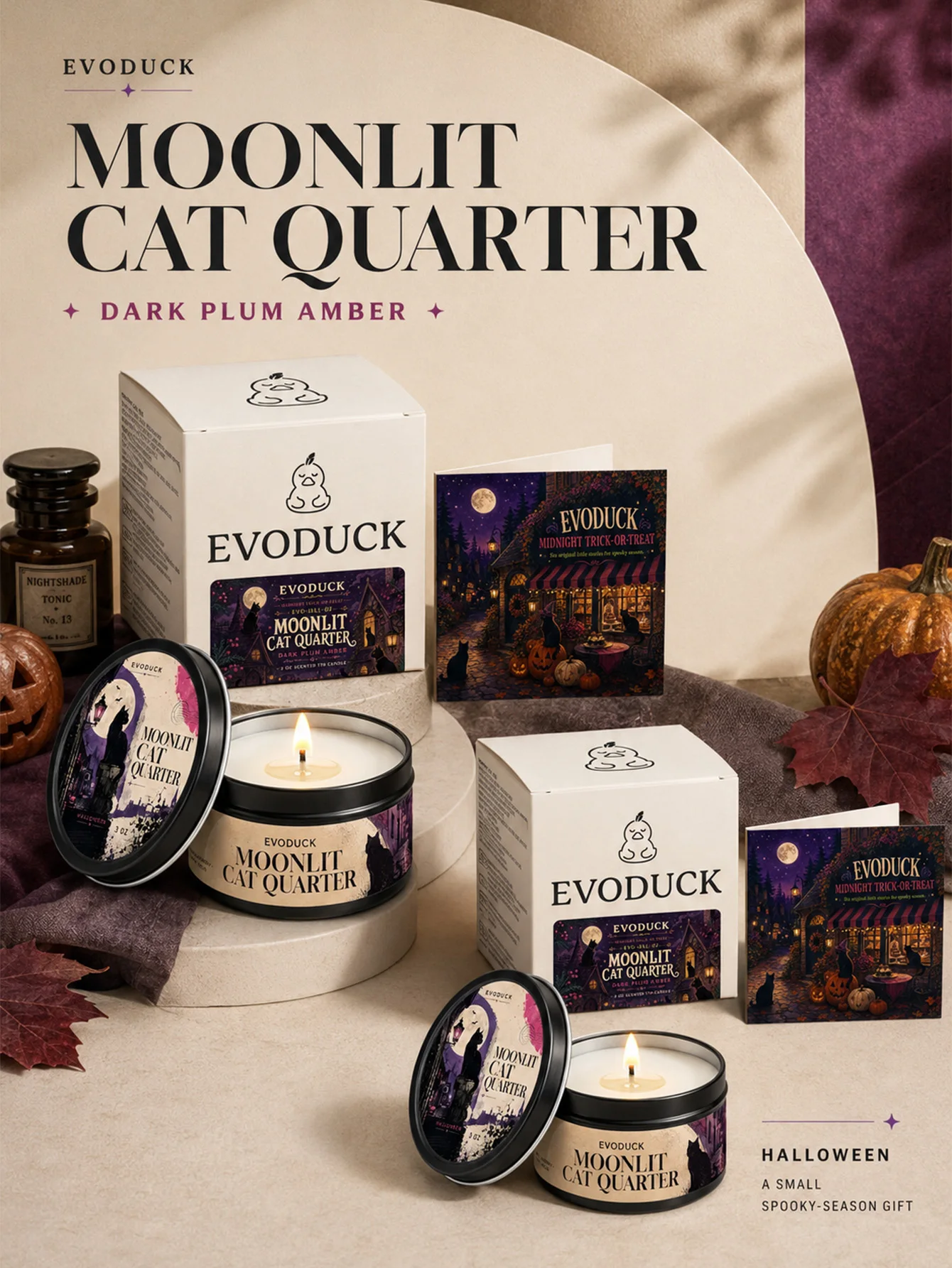 Moonlit Cat Quarter Dark Plum Amber Scented Candle Set, 6-Pc Halloween 3oz Tins with Gift Boxes, Folding Card, Spooky Decor Gift