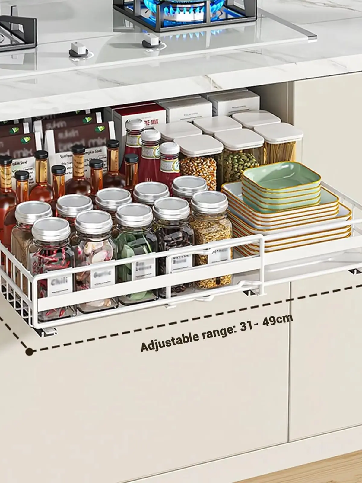 GarveeHome ausziehbarer Küchenschrank-Organizer – Karbonstahl-Schieberegale – Keine Bohrung, platzsparend, einstellbare Breite 31-49cm – Für Vorratskammer, Schrank, Bad – Höhe 8cm