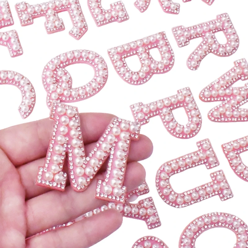 1pc Pearl Letter Patches Pink English Alphabet Rhinestone Patch Applique For Clothes DIY Customized Iron On Patches Stripe Badge