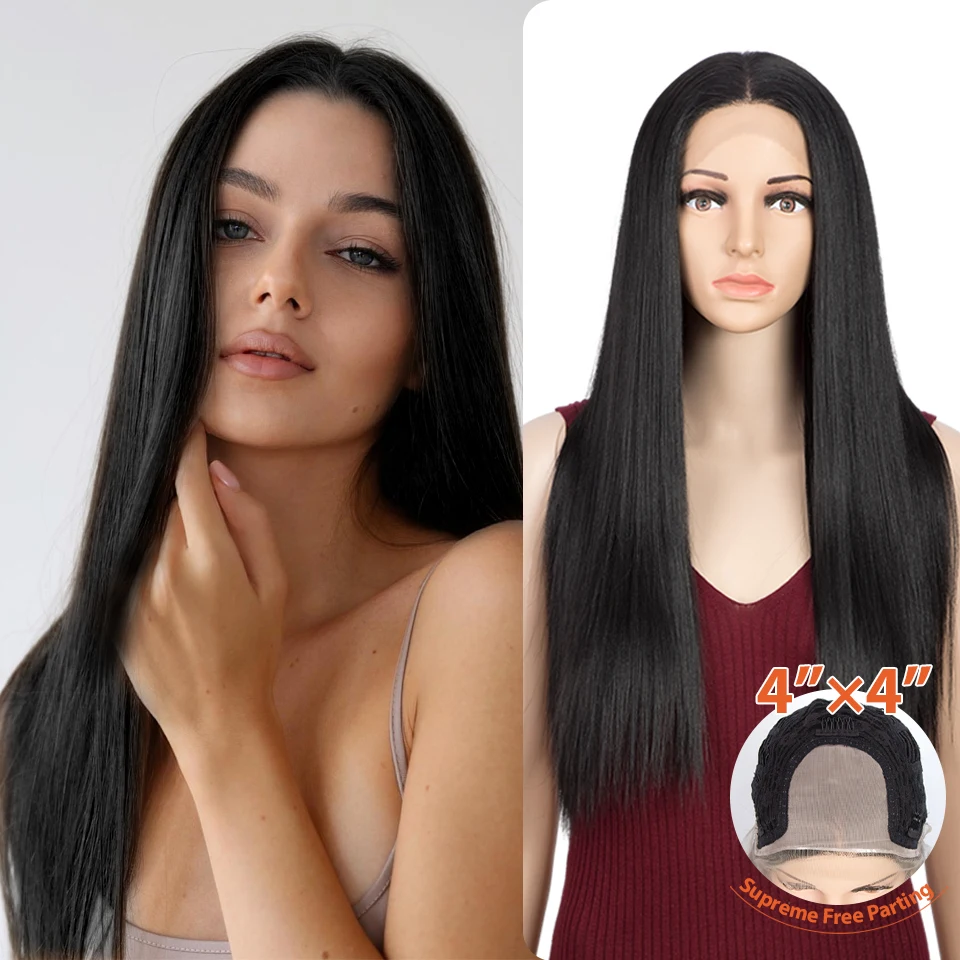 Wig lurus sintetis 28 inci Wig Ombre pirang panjang untuk wanita Wig Cosplay depan renda sintetis rambut serat tahan panas Wig harian