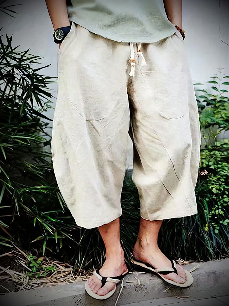Summer Beach Cotton Linen Casual Shorts Men Japenese Wide Leg Baggy Capris Pants Male Sport Running Shorts 2025 New