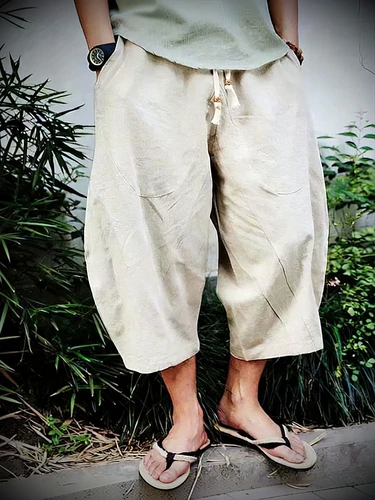 Pantalones cortos informales de lino y algodón para playa de verano, pantalones Capris holgados de pierna ancha japoneses para hombre, pantalones cortos deportivos para correr, novedad de 2025