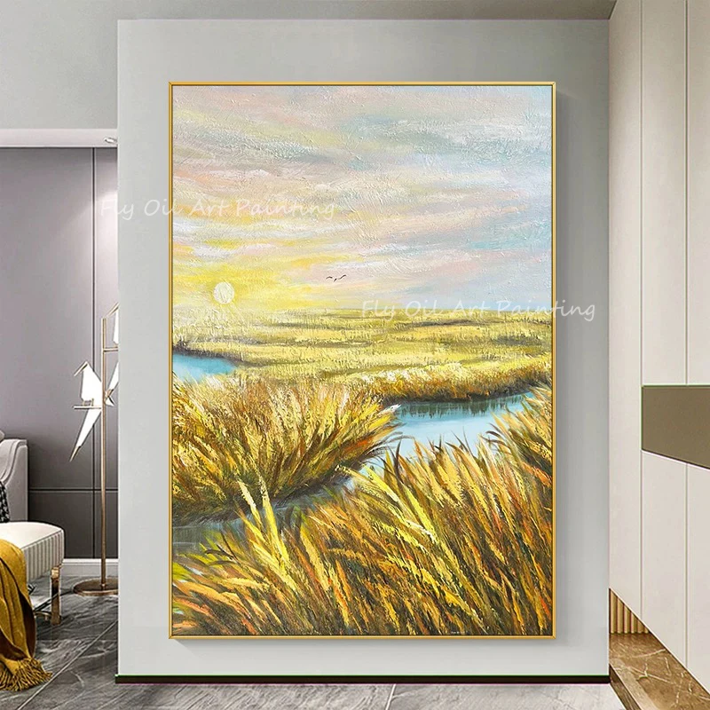 

Large Size 100% Handpainted gold foil yellow straw landscape field beautiful scenery with sunset oil painting for home decor