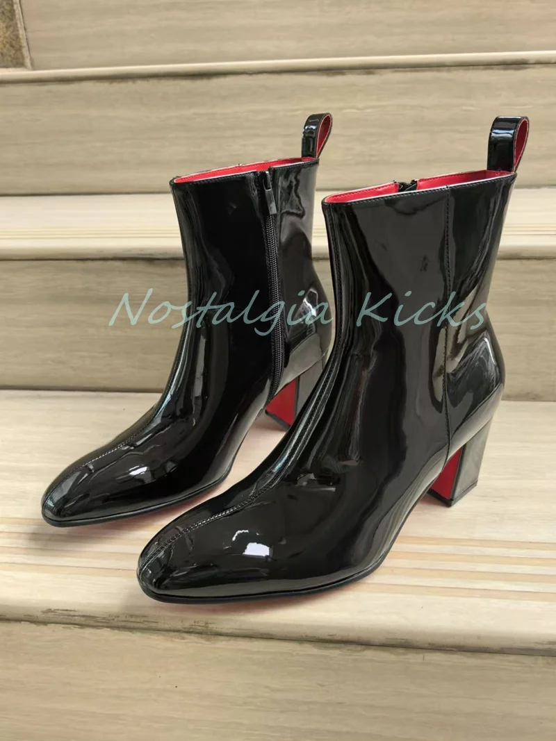 

Designer Glossy Patent Leather Ankle Boots Red Lining Pointed Toe Side Zipper Chunky Heel Modern Boots Men's Casual Formal Wear