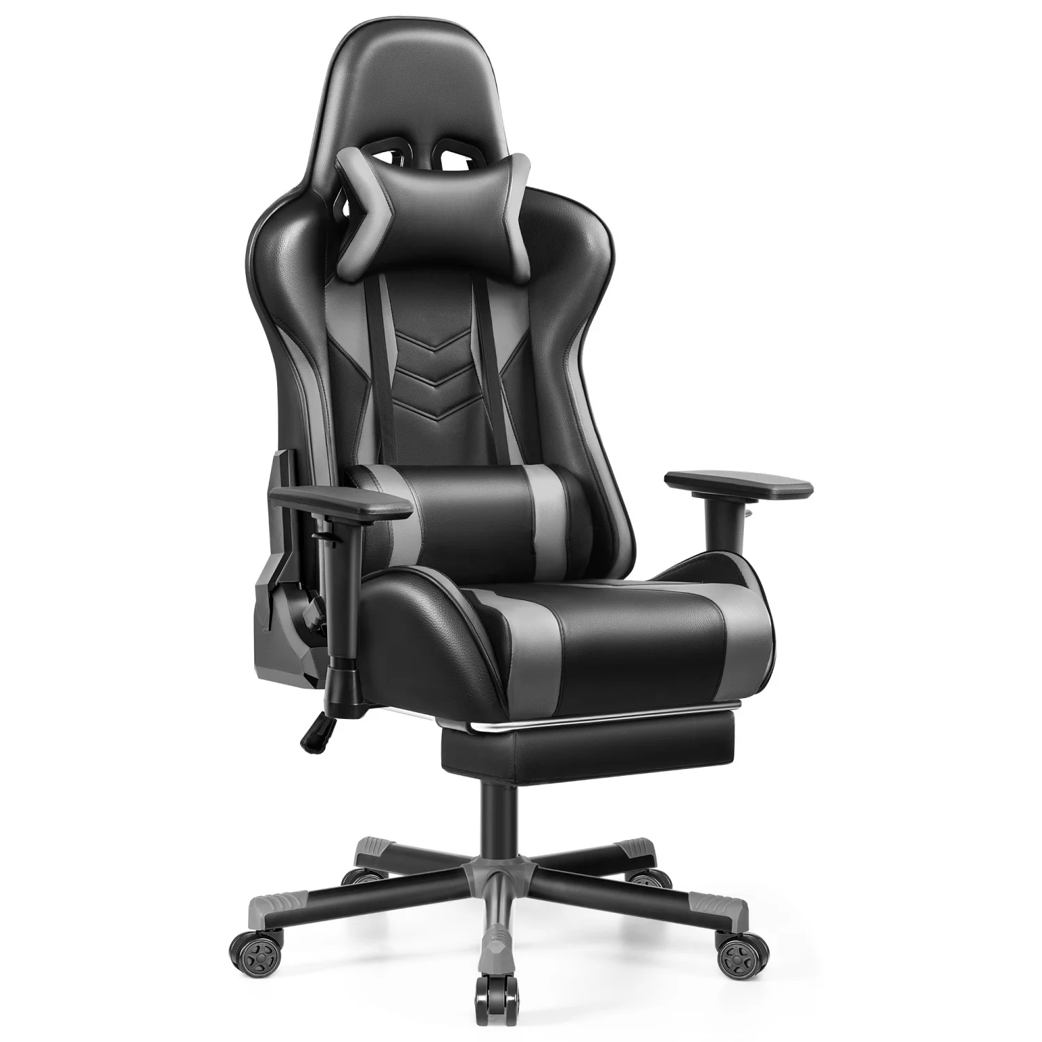 Gamingstoel, PU-leer, met lendensteun en hoofdsteun, ergonomisch, verstelbaar in meerdere richtingen, zwartgrijs