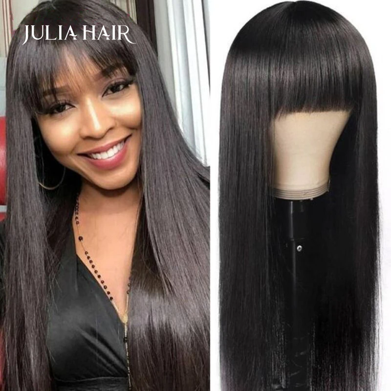 Julia Hair Brazilian Straight Lace Frontal Human Hair Wig Baby Hair Glueless Pre Plucked 13*4 Lace Frontal Wig With Bangs