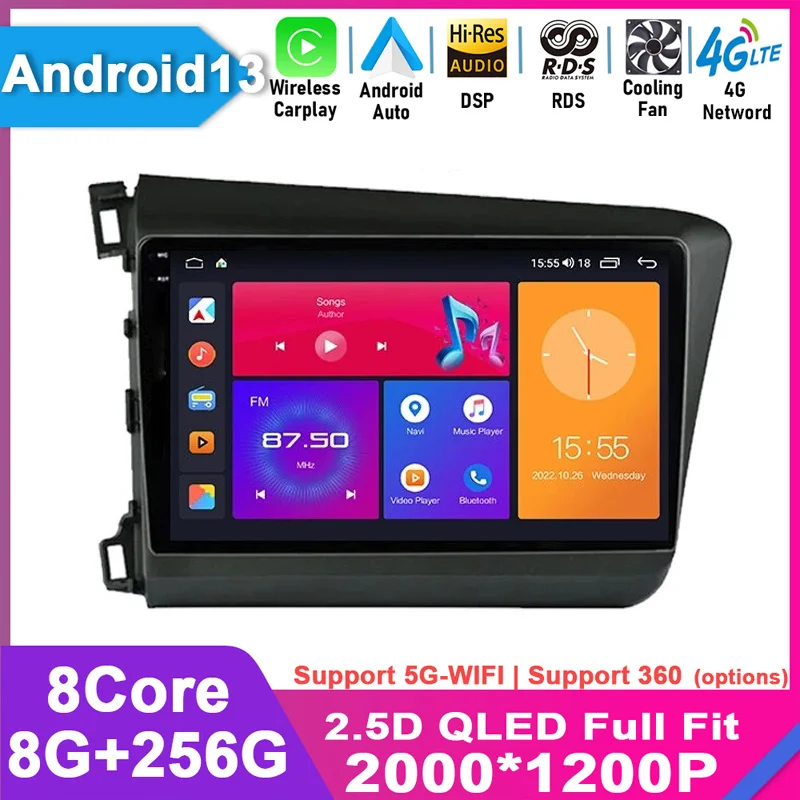 

For HONDA CIVIC 9 2012 - 2015 2din Android 13 Auto Car Radio Multimidia Video Player 2din Stereo GPS Carplay 8Core 4G WIFI DSP