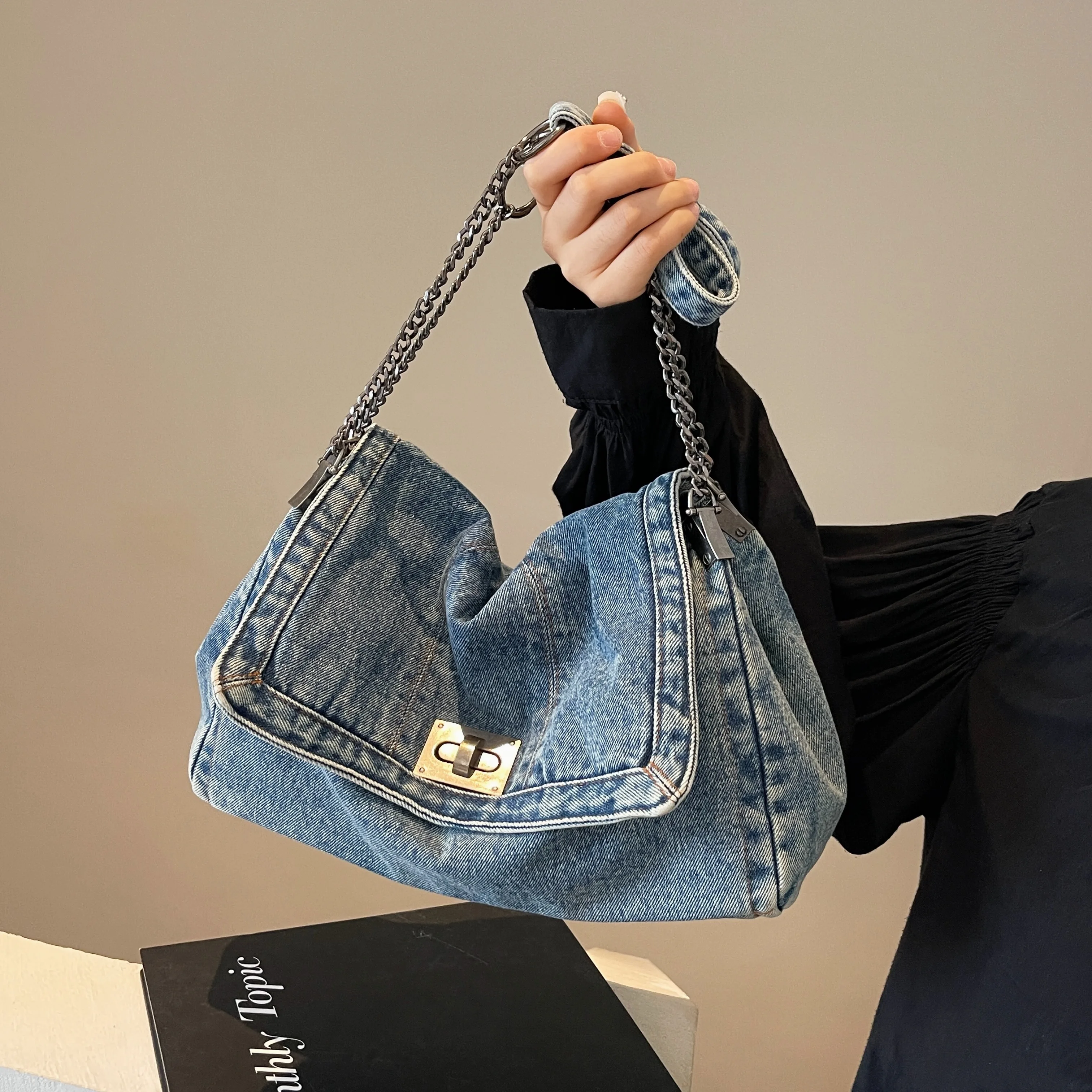 Denim bag bag women 2024 new fashion casual shoulder bag large capacity Tote bag class commuting crossbody bag