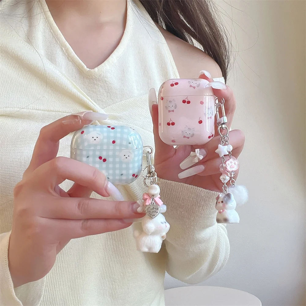 

Korean Plaid Cherry Animal Earphone Case Silicone Cover for Airpods Pro3 Pro2 Airpods 4 3 2 Case Headphone Case With Charm Funda