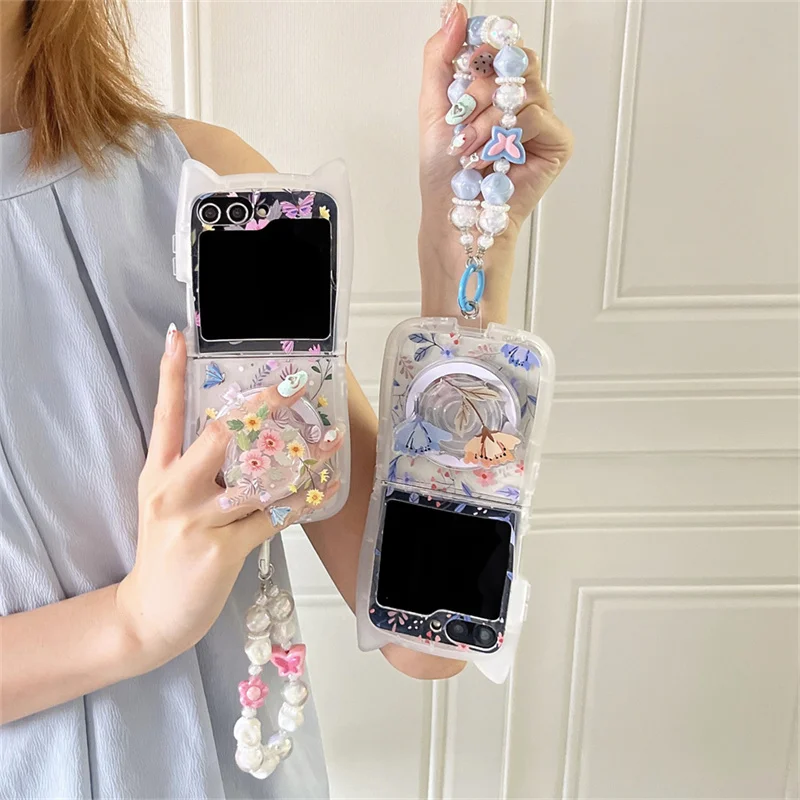 

Cute Cat Ears Butterfly Flower Phone Case for Samsung Galaxy Z Flip6 Z Flip 4 3 Zflip 5 5G Magnetic Strap Chain Fashion Holder