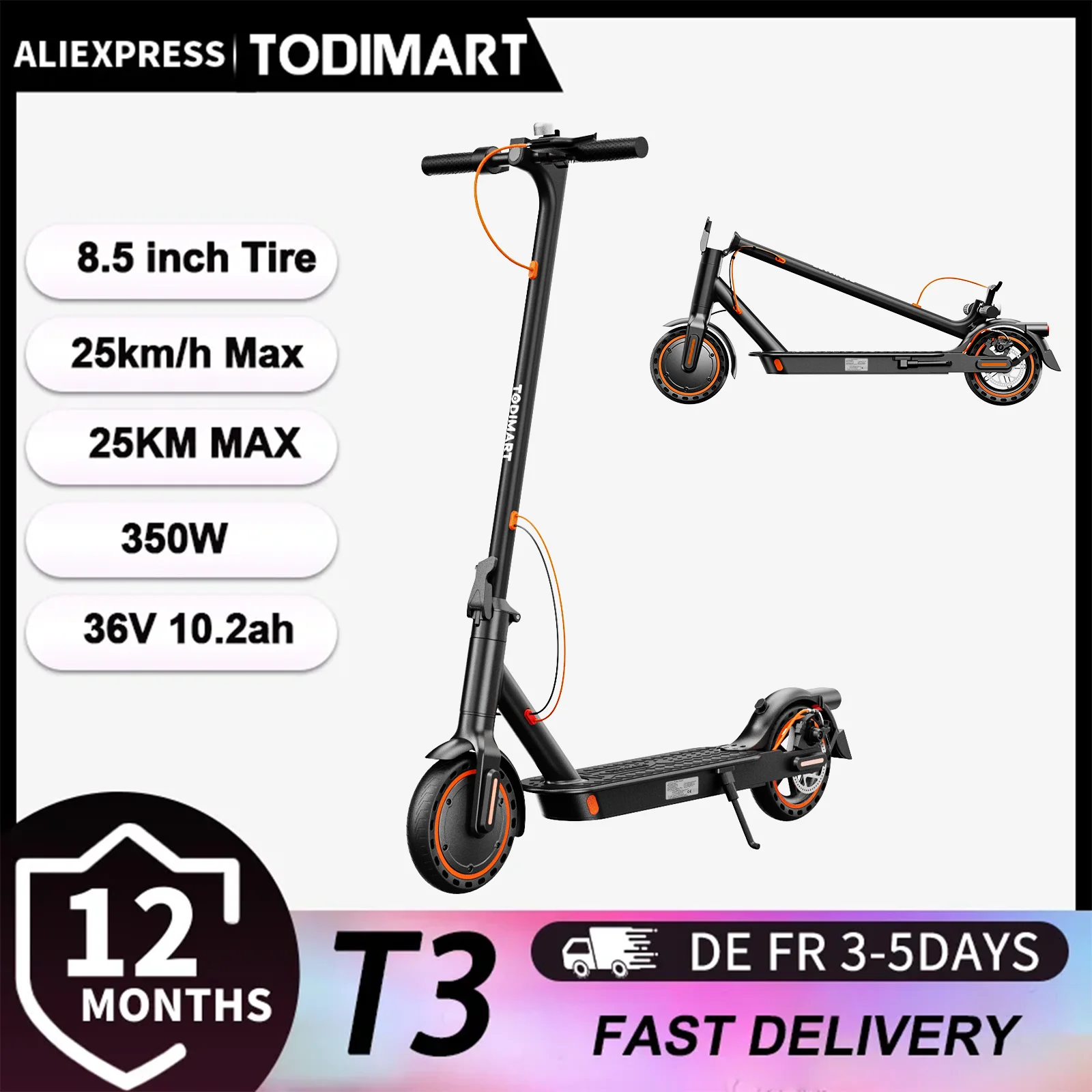TODIMART T3 Trottinette Électrique Pliable et Portable avec Contrôle via APP Moteur 350W 36V 10.4Ah Vitesse 25km/h Pneu 8.5"