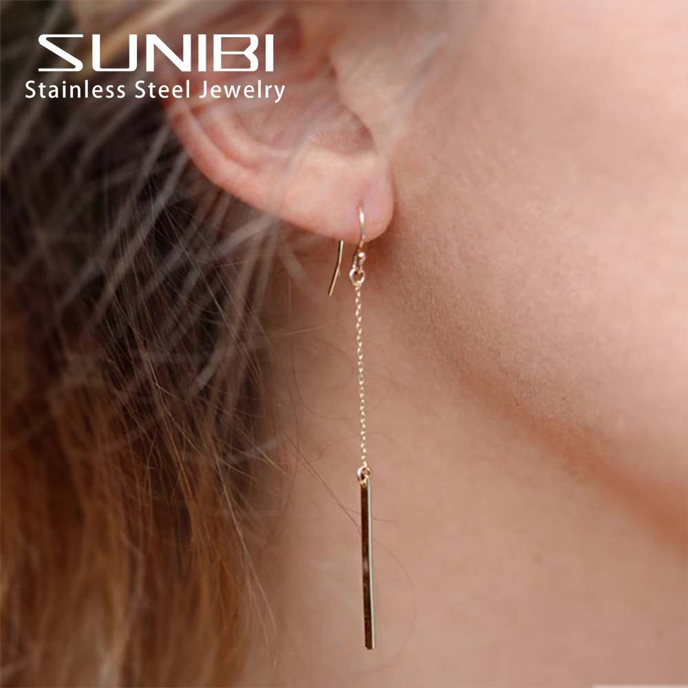 SUNIBI Long Fashion Stainless Steel Earrings for Women Korean Drop Dangle Earrings Minimalist Girls Party Gift Jewelry Wholesale