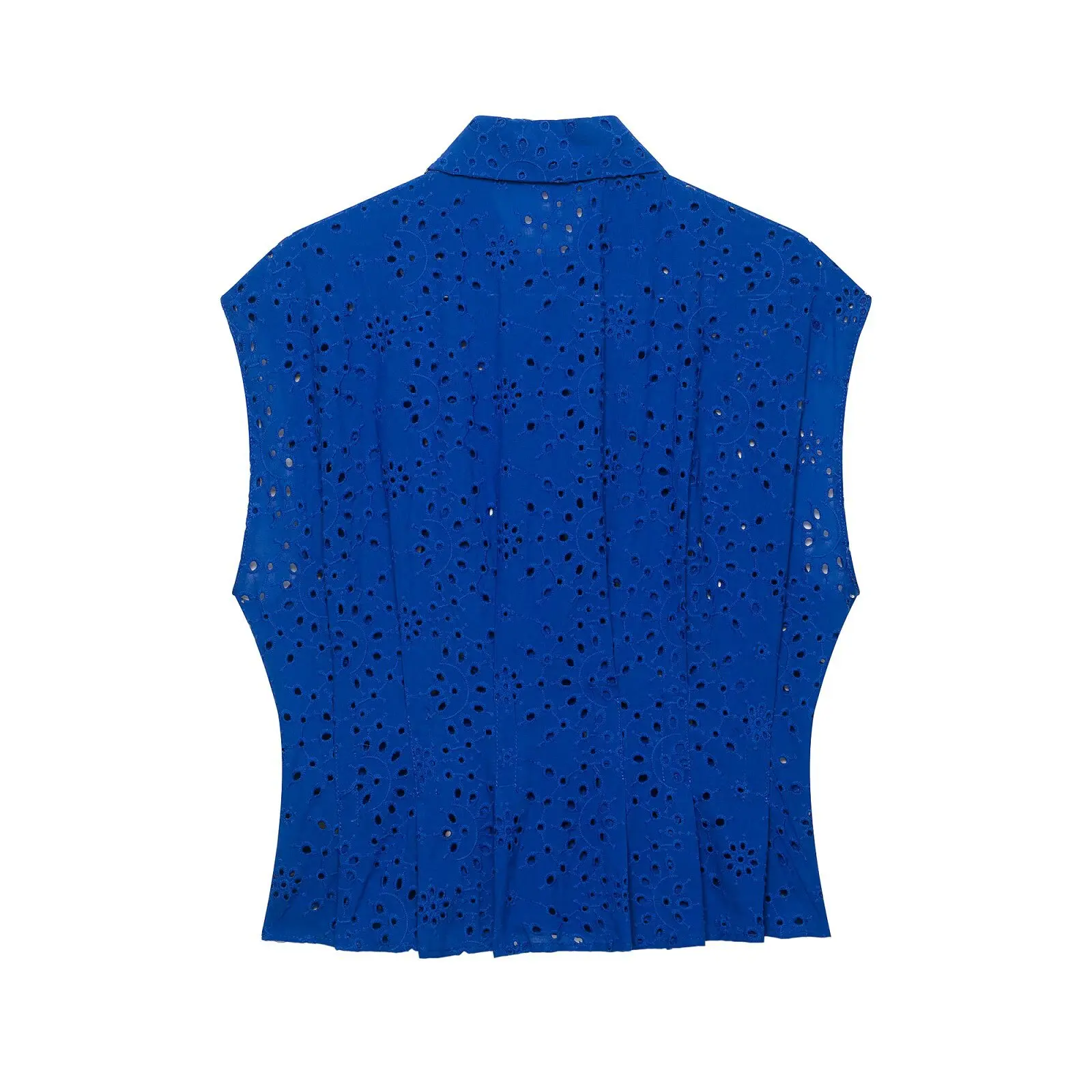 Womens Elegant Blue Cotton Embroidered Sleeveless Top Casual Lapel Button Shirt Pleated Slim Fit Summer Chic Resort Wear Blouse