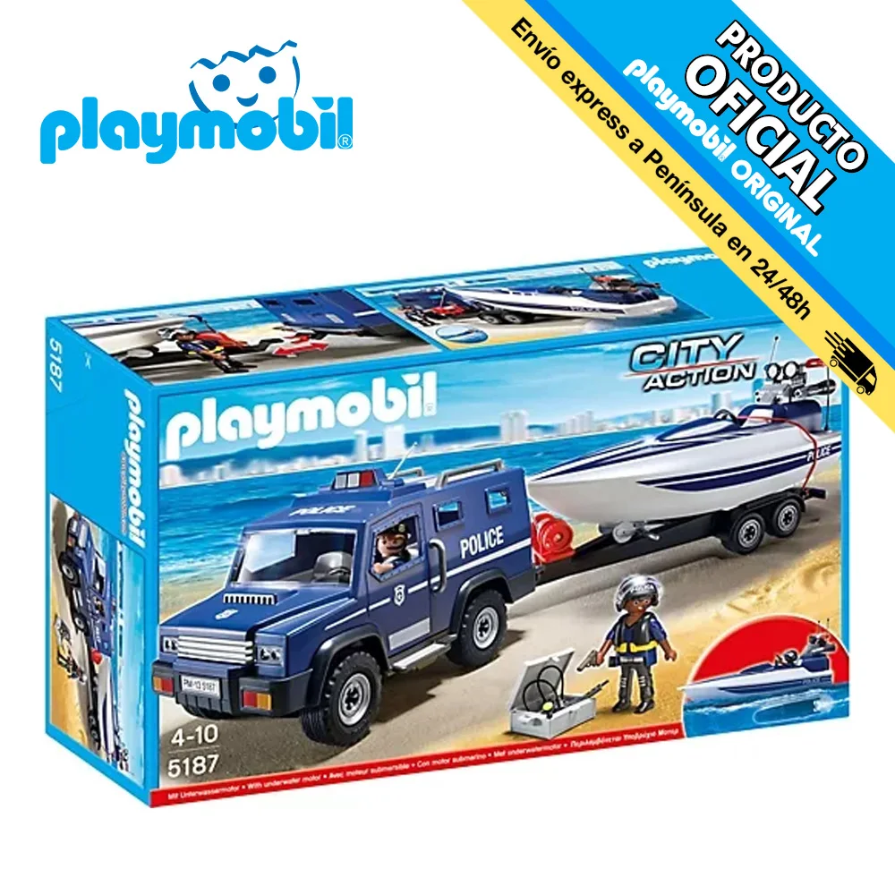 PLAYMOBIL®5187 police van and boat-original, clicks, gift, child, girl, toy