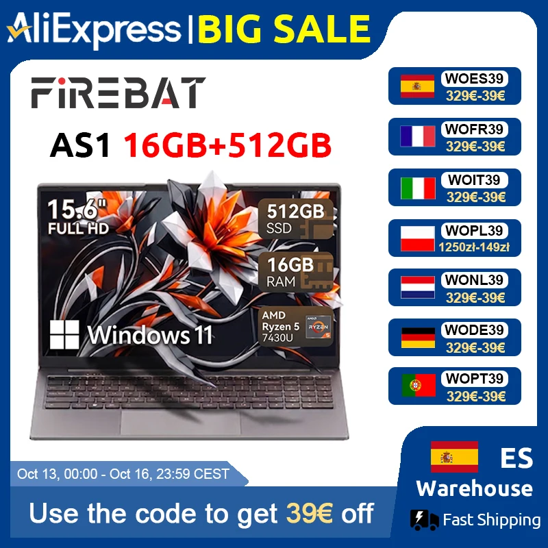Firebat Laptop AS1 AMD R5 7430U 16GB DDR4 512GB SSD 15,6 Zoll Windows 11 Notebook Typ-C WIFI6 Hintergrundbeleuchtete Vollgröße-Tastatur