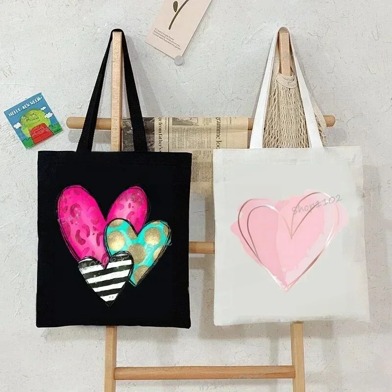 Korea Ulzzang Ins Heart Shoulder Bag Women Harajuku Art Vintage Canvas Tote Bag Large Capacity Casual Shopper Bags Teen Handbag — zdjęcie 2