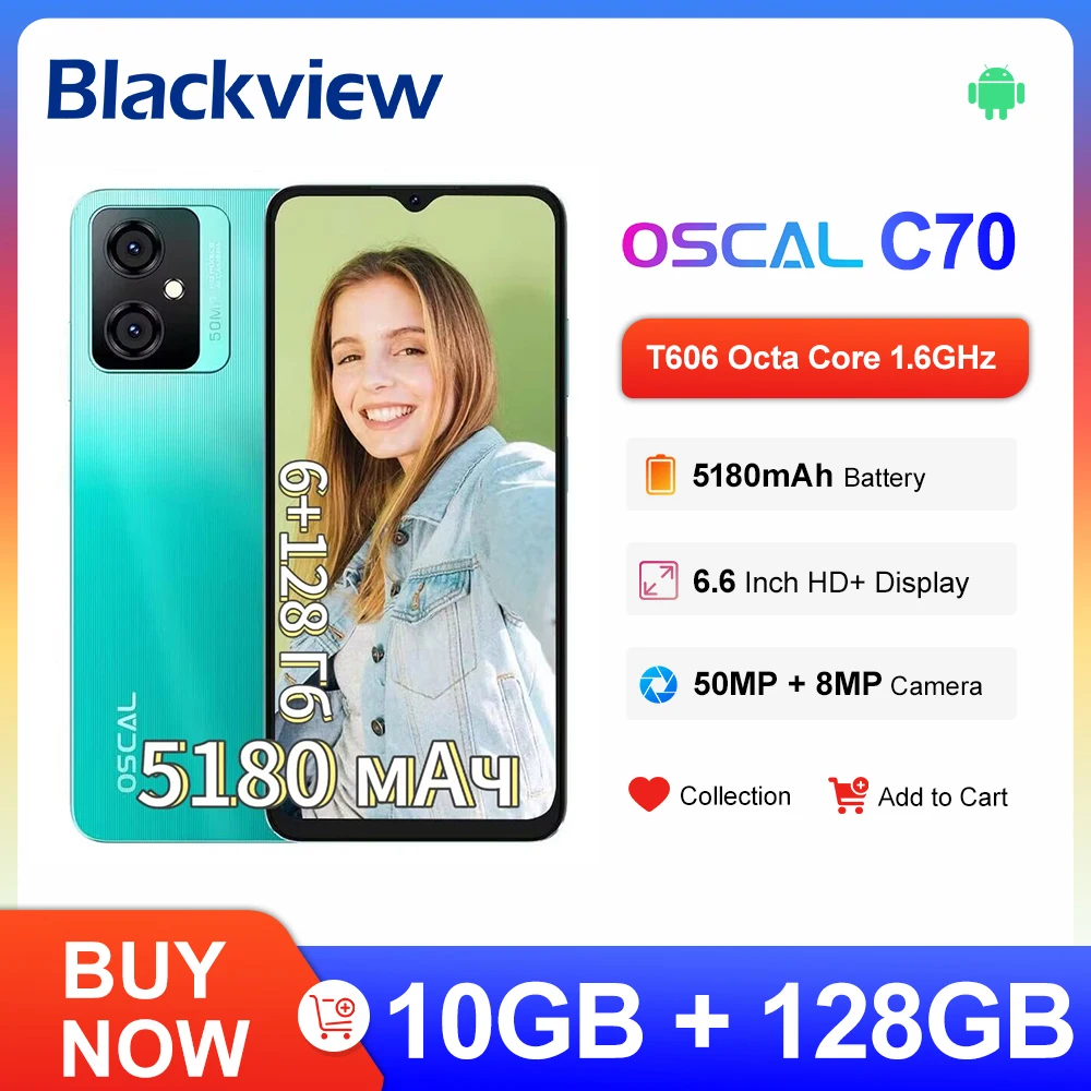 BLACKVIEW OSCAL C70 Smartphone 10GB(6+4) 128GB 50MP Camera 6.6'' Display 5180mAh Mobile Phone Octa Core Android 12 Cellphones