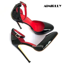 Shoes for Women High Heels Sandals Round Toe Stilettos Ankle Strap Red Lining Black Patent Pumps Ladies Party Heels Customized