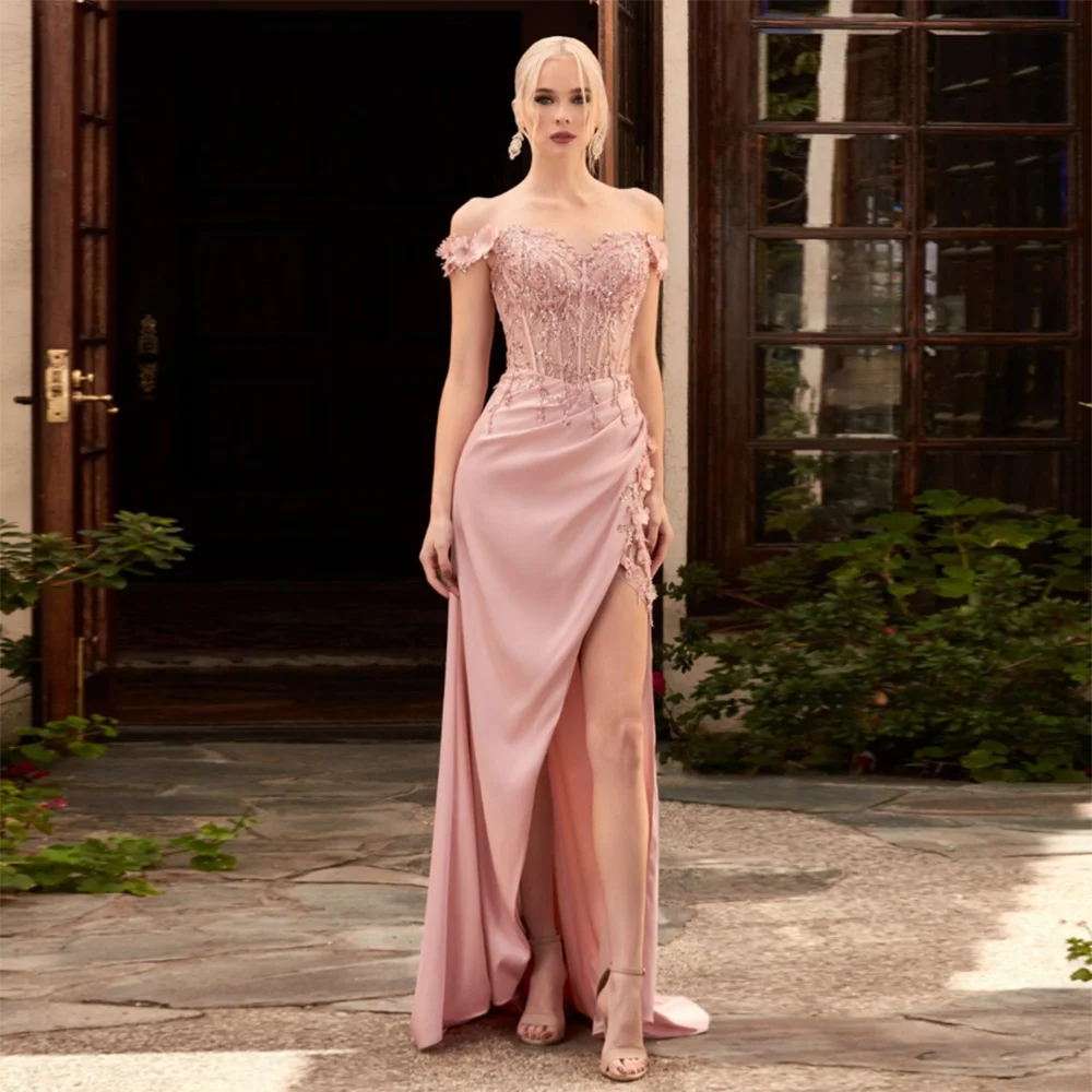 

Sexy Pink Long Evening Dresses Off The Shoulder Sequin Hand Made Flower Satin Mermaid Side Slit Backless Formal Prom Party Gowns