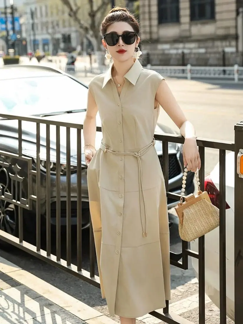 

Summer waist tailored belt decorated minimalist summer dress