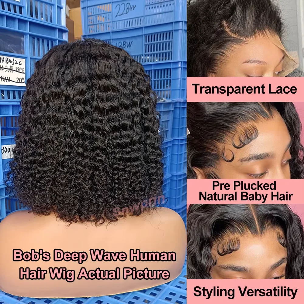 Ready To Wear Glueless Bob Wigs Human Hair Short Brazilian Deep Wave Frontal Wigs Glueless Curly Closure Human Hair 180% on Sale image 5