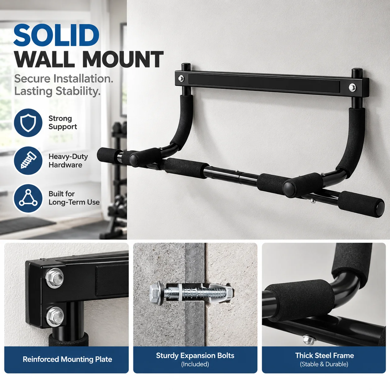 Wall Mounted Pull Up Bar with Multiple Grips, Heavy Duty Steel Chin Up Bar, Indoor Home Gym Fitness Equipment, Strength Training Pull-Up Station for Men and Women, Muscle Building, Back and Arm Exercise