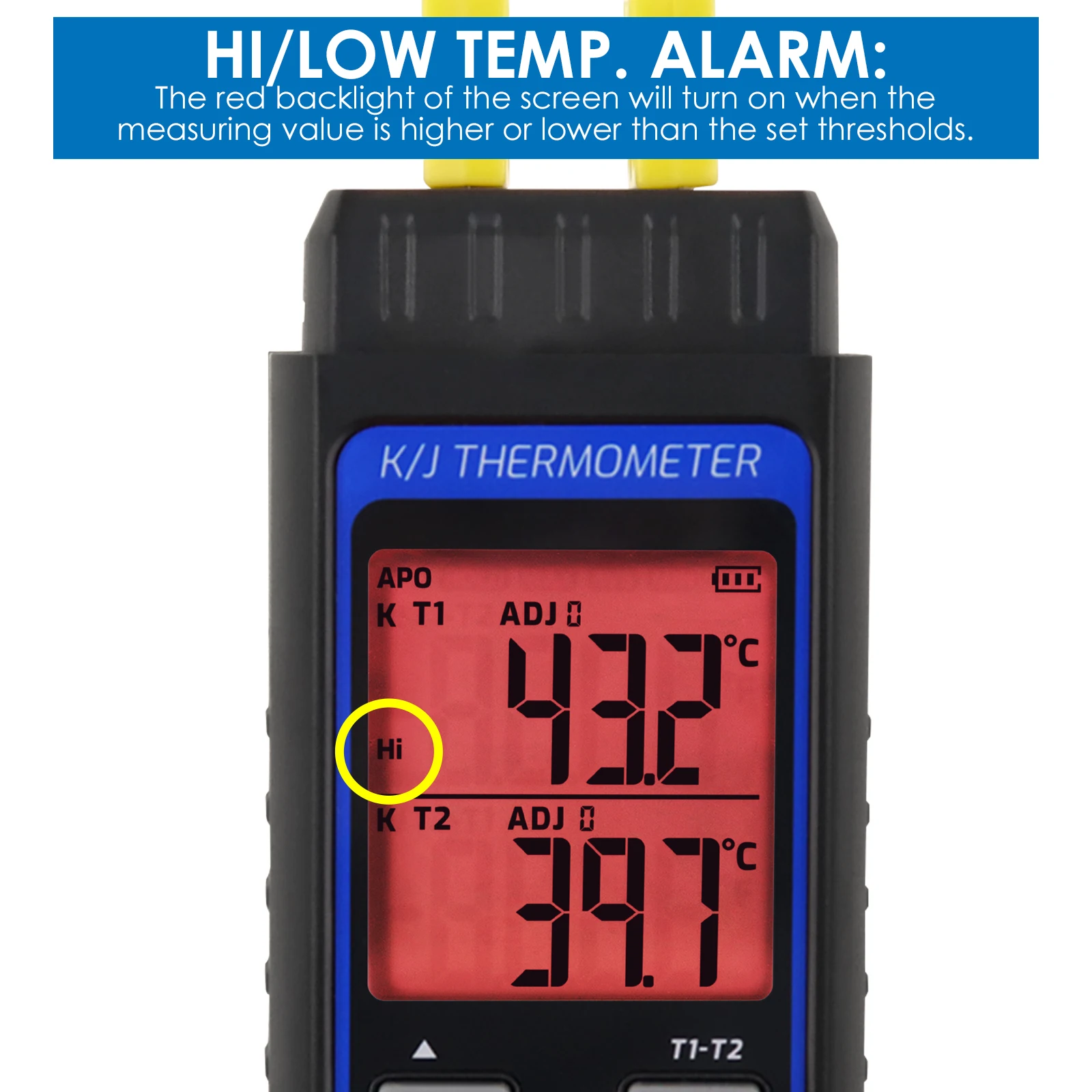Cyfrowy termometr termoparowy K/J 4 sondy typu K (przewodowa i stal nierdzewna) dwukanałowy, kolorowy alarm z podświetleniem